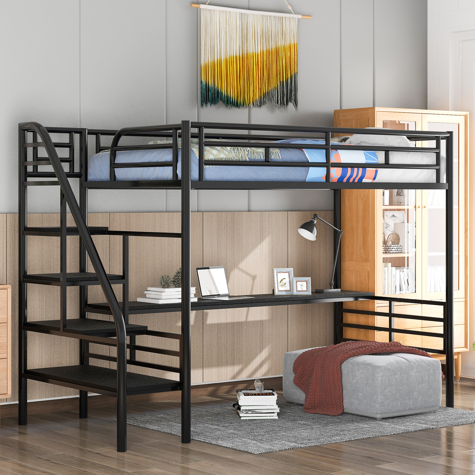 558113145 Metal Loft Bed Frame with Desk No Box Spring Needed Twin Black - imagine 1