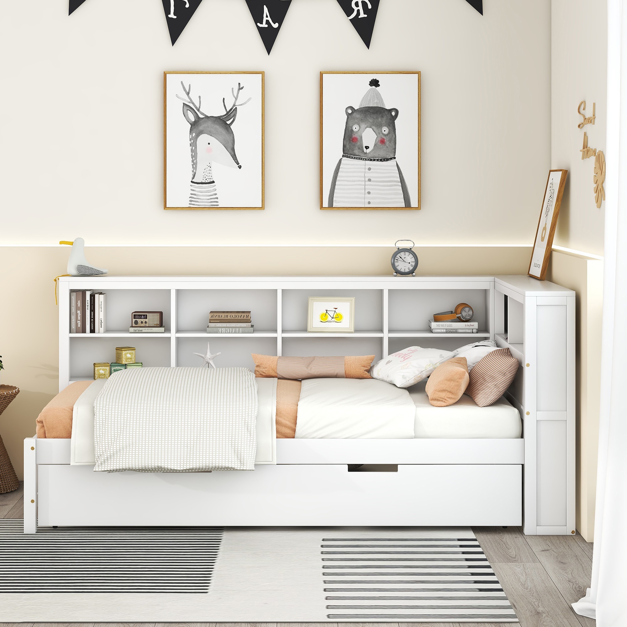 558113607 Wooden Twin Size DayBed with Twin Trundle, DayBed with Storage Shelf and USB Charging Ports,White - imagine 1
