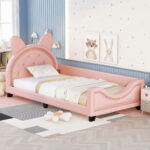 Twin Size Upholstered Daybed with Carton Ears Shaped Headboard  Pink - imagine 7