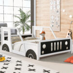 Full Size Classic Car-Shaped Platform Bed with Wheels White - imagine 2