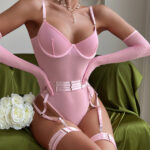 Sexy Sheer Mesh Bodysuit with Gloves and Bandage - Transparent Lingerie Set - imagine 3