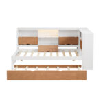 L-shaped bed frame with luggage and bookshelf, corner bed wooden captain's bed LED tube light and USB port walnut and white - imagine 10