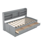 Twin Size Wooden Captain Bed with Built-in Bookshelves,Three Storage Drawers and Trundle Light Grey - imagine 12