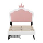 Twin cushion princess bed with crown headboard and 2 drawers with headboard and footrest, pink+white - imagine 7
