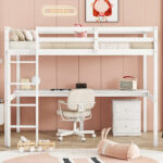 Twin Loft Wood Bed with Under-bed, Built-in Desk, a Storage Cabinet of 2 Drawers, Guardrails, Ladder,White - imagine 25