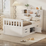 Twin Size Captain Platform Bed Frame with Storage Bookcases and Shelves,Four Drawers,White - imagine 19
