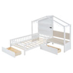 Twin Size House Bed with Upholstered Sofa, House Bed with Charging Station, Wireless Charging, Shelves and Two Drawers, White - imagine 7