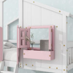 Twin over Twin House Bunk Bed with Roof , Window, Window Box, Door , with Safety Guardrails and Ladder, Pink/White - imagine 29