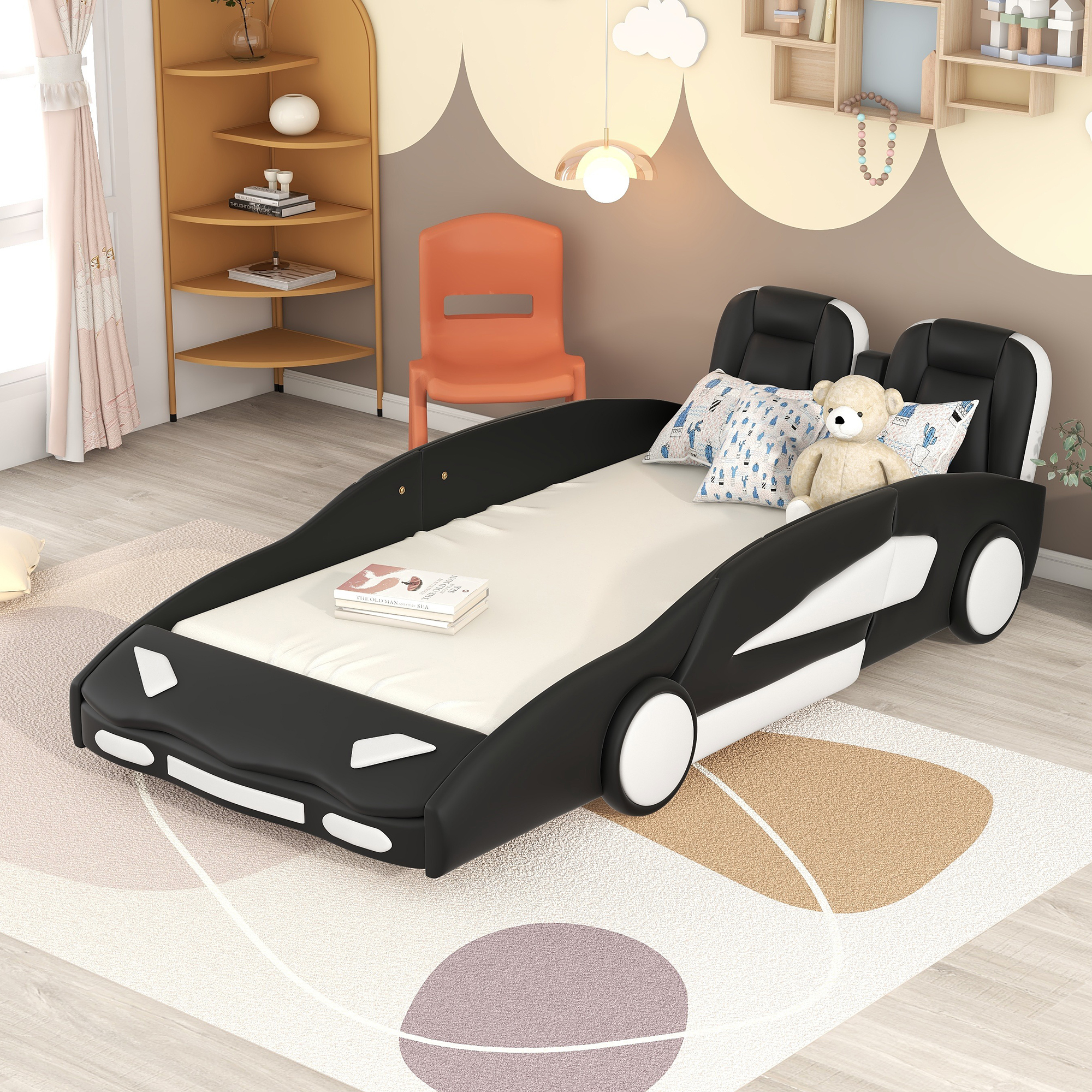 558114286 Twin Size Race Car-Shaped Platform Bed with Wheels, Black - imagine 1