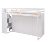 Functional Loft Bed with 3 Shelves, 2 Wardrobes and 2 Drawers, Ladder with Storage, No Box Spring Needed, White - imagine 15