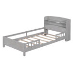 Wood Twin Size Platform Bed with Built-in LED Light Storage Headboard and Guardrail Antique Grey - imagine 4
