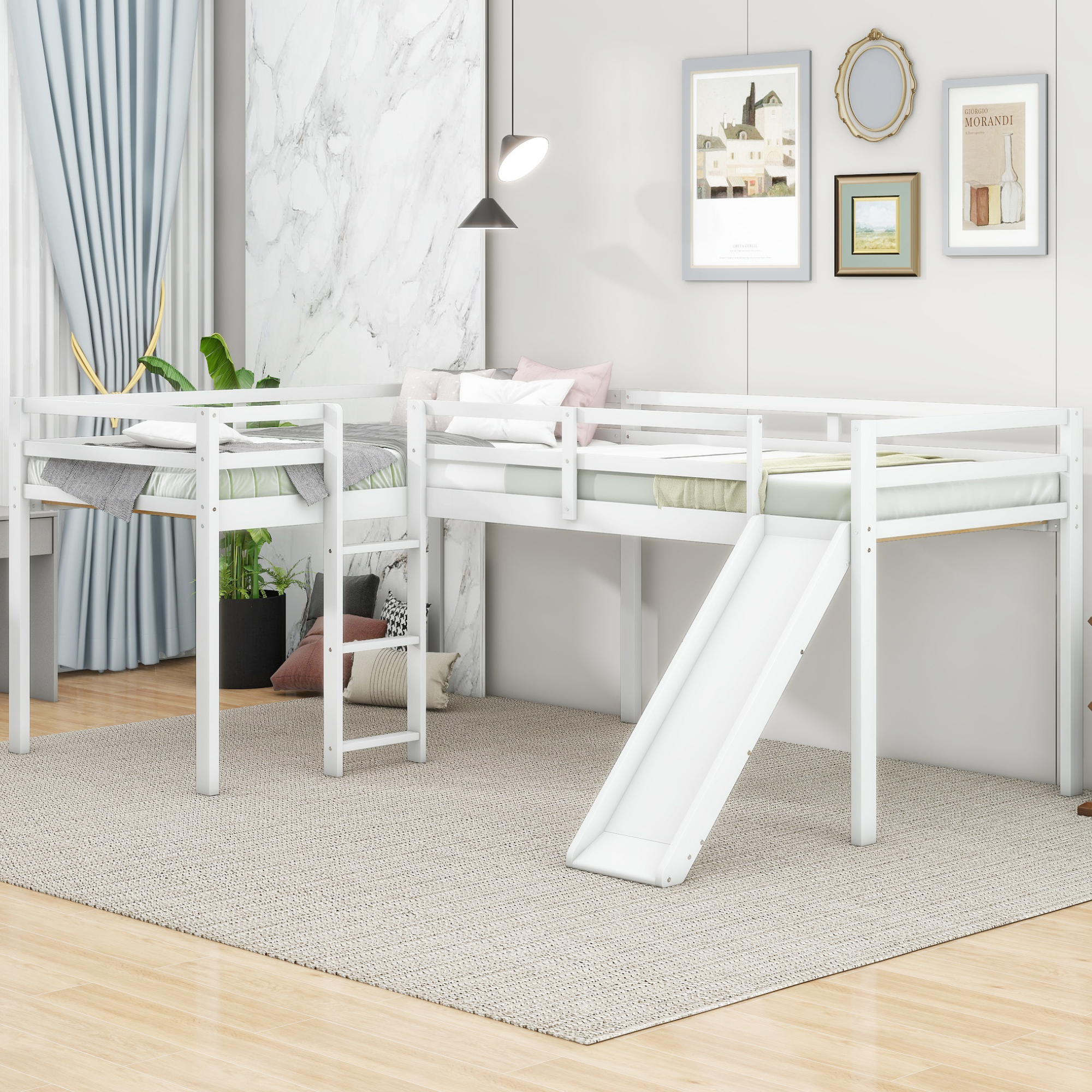 558114152 L-Shaped Twin Size Loft Bed with Ladder and Slide, White - imagine 1