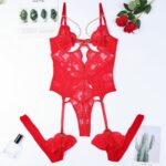Red Lace  Women's Fashion Sexy Deep V-Neck Metal Chain Hollow Out Erotic Bodysuit - imagine 6