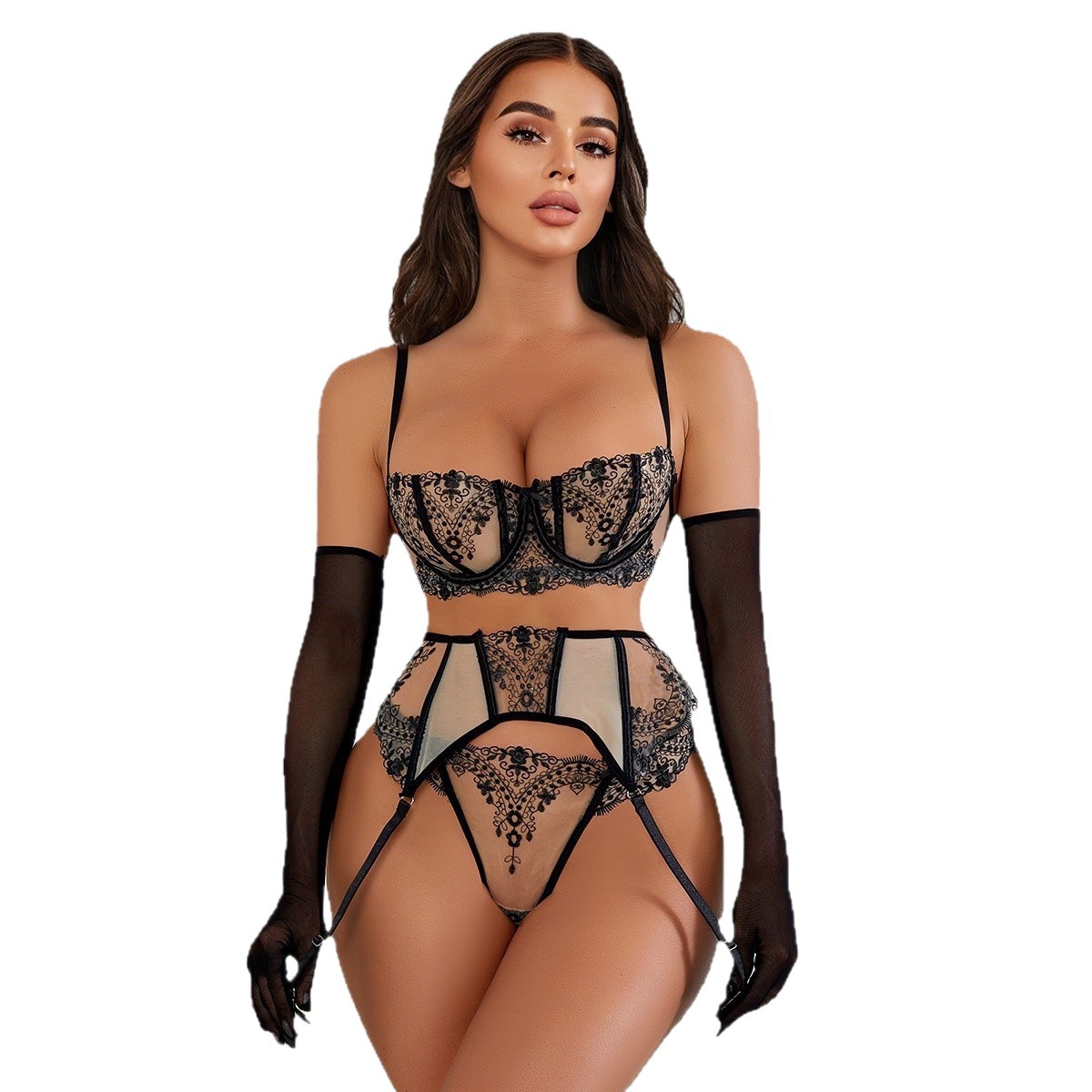 558093201 Floral Embroidery Patchwork Sheer Mesh Sexy Lingerie Set for Women - imagine 1