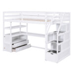 Twin Size Loft Bed with Desk and Shelves Two Built-in Drawers Storage Staircase White - imagine 13