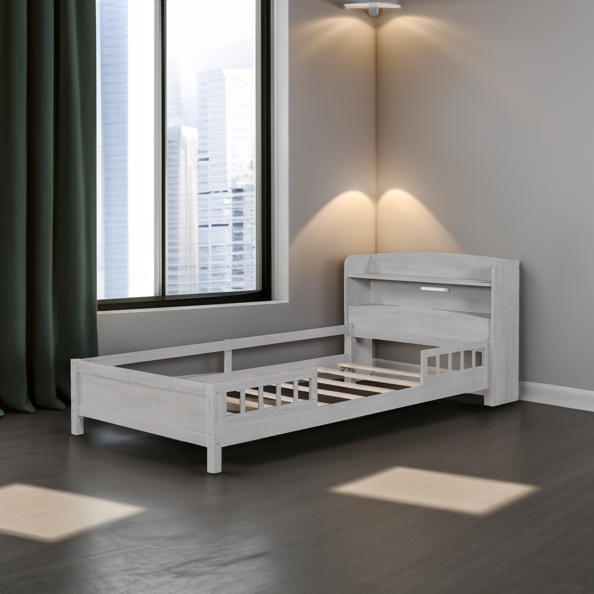 558114465 Wood Twin Size Platform Bed with Built-in LED Light Storage Headboard and Guardrail Antique Grey - imagine 1