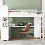 Wood Loft Bed with Cabinet and Bookshelf, Full Size Loft with Wardrobe and Desk for Kids,White - imagine 5