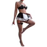 Black and White Lace Color Block Multi-layer Ruffle Sexy Maid Uniform Set with Fishnet Stockings 5-piece Set - imagine 5