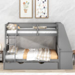 Twin over Full Bunk Bed with Trundle and Built-in Desk, Three Storage Drawers and Shelf,Gray - imagine 7