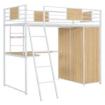 Twin Size Loft bed with L-shape Desk and Wardrobe, White - imagine 7