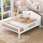 Full Size Wood Platform Bed with House-shaped Headboard, LED and Built-in Storage, White - imagine 6