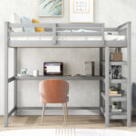 Full Size Loft Bed with Storage Shelves and Under-bed Desk, Gray - imagine 10