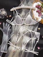 Love Diamond Decoration Sexy Embroidery Mesh Splicing Fun Underwear Glove Five Piece Set - imagine 4