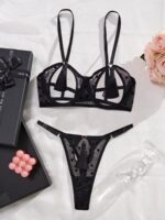 Three point sexy tassel style perforated lingerie two-piece set for women with steel rims - imagine 7