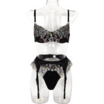 Women's Fashionable Lingerie Set with Elegant Embroidered Flowers and Satin Splicing - Sweet and Fresh Three-Piece Set - imagine 7