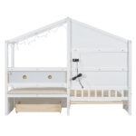 Twin Size House Bed with Upholstered Sofa, House Bed with Charging Station, Wireless Charging, Shelves and Two Drawers, White - imagine 24