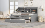 Twin Size Wooden Captain Bed with Built-in Bookshelves,Three Storage Drawers and Trundle Light Grey - imagine 13