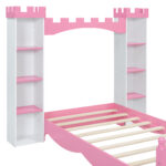 Castle-Shaped Wooden Bed with Storage Shelf, Dreamy Twin Size Platform Bed for Kids Bedroom, White + Pink - imagine 3