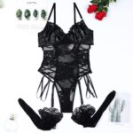 Lace Spliced PU Sexy Shapewear Jumpsuit Strap Bowknot Erotic Set - imagine 6