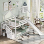 Twin over Twin House Bunk Bed with Convertible Slide,Storage Staircase,White - imagine 12