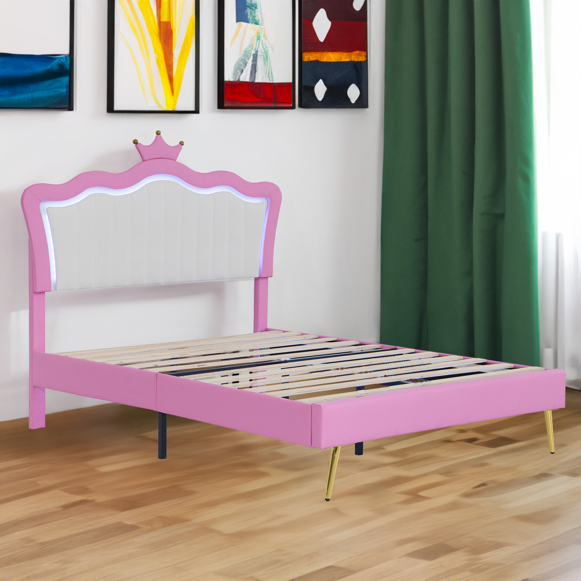 558114328 Full Size Upholstered Bed Frame with LED Lights, Modern Upholstered Princess Bed with Crown Headboard, Pink+White - imagine 1