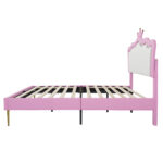 Full Size Upholstered Bed Frame with LED Lights, Modern Upholstered Princess Bed with Crown Headboard, Pink+White - imagine 7