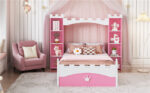 Castle-Shaped Wooden Bed with Storage Shelf, Dreamy Twin Size Platform Bed for Kids Bedroom, Pink+ White - imagine 12