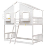 Twin over Twin House Bunk Bed with Roof , Window, Window Box, Door , with Safety Guardrails and Ladder,White - imagine 21