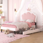 Twin cushion princess bed with crown headboard and 2 drawers with headboard and footrest, pink+white - imagine 3