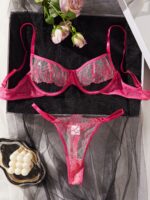 Sexy hollow rose embroidery mesh splicing perspective lingerie two-piece set - imagine 5