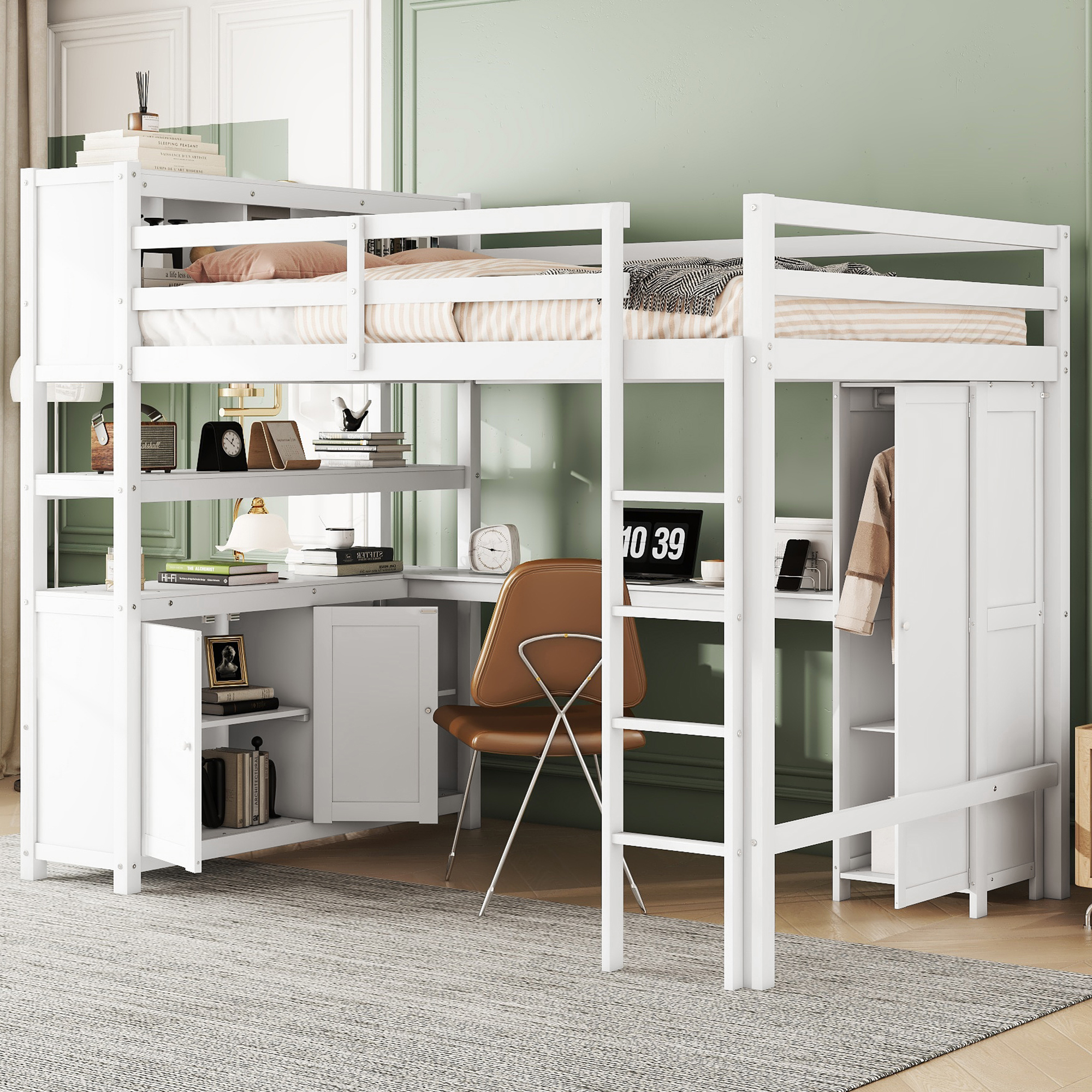 558112793 Wood Loft Bed with Cabinet and Bookshelf, Full Size Loft with Wardrobe and Desk for Kids,White - imagine 1