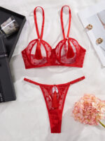 Three point sexy tassel style perforated lingerie two-piece set for women with steel rims - imagine 6
