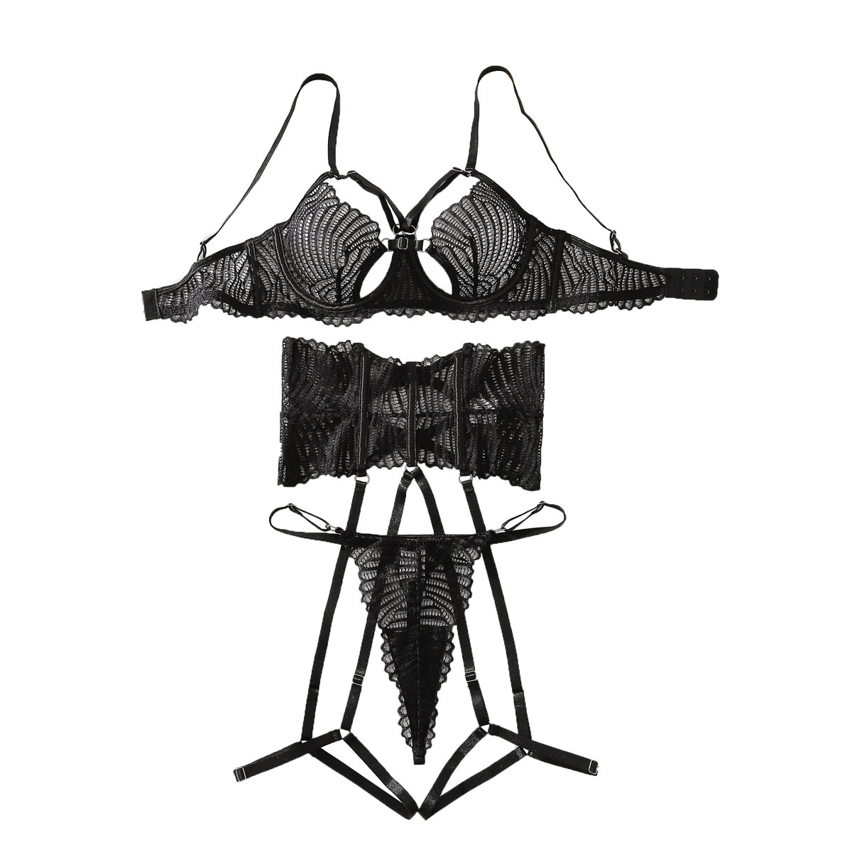 558095336 Perspective Pure Desire Hollow Flirting Temptation Sexy Underwear Three Piece Set - imagine 1