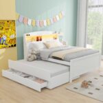Full Size Platform Bed with Storage LED Headboard  Twin Size Trundle and 3 Drawers White - imagine 12