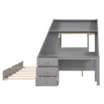 Twin over Full Bunk Bed with Trundle and Built-in Desk, Three Storage Drawers and Shelf,Gray - imagine 8