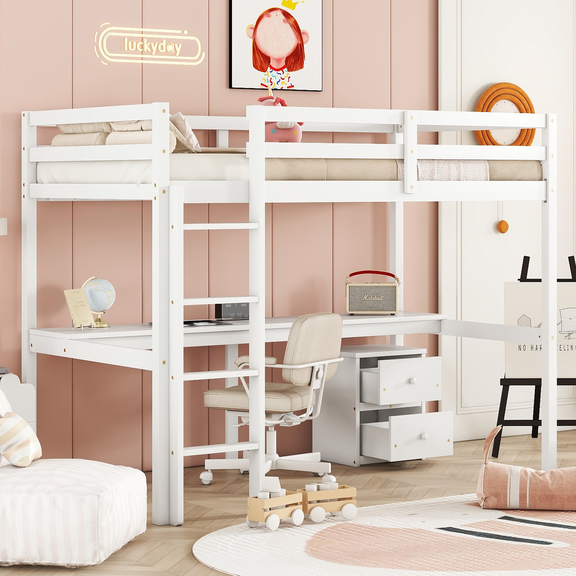 558114115 Twin Loft Wood Bed with Under-bed, Built-in Desk, a Storage Cabinet of 2 Drawers, Guardrails, Ladder,White - imagine 1