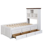 Solid Pine Captain Bookcase Bed with Trundle Bed and 3 Spacious Under Bed Drawers in Casual,Twin, White+Walnut - imagine 7
