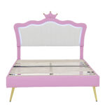Full Size Upholstered Bed Frame with LED Lights, Modern Upholstered Princess Bed with Crown Headboard, Pink+White - imagine 14