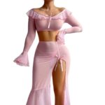 Transparent Mesh Uniform Temptation High Slit Long Skirt Erotic Lingerie Set - imagine 5