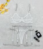 Cross-border Sexy Lingerie Lace Trim Rhinestone Transparent Thong Garter Belt Four-piece Set - imagine 7
